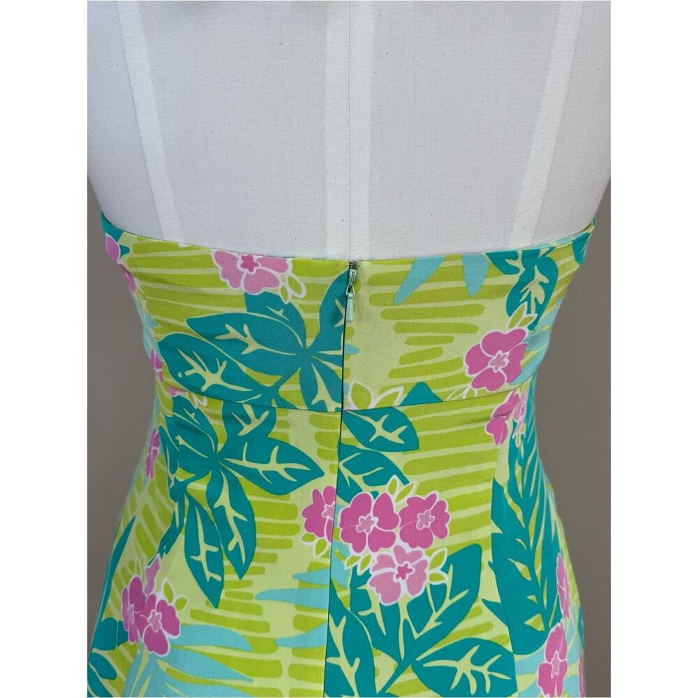 LILLY PULITZER VINTAGE Silk Lime Green Tropical Floral Halter Midi Dress Sz 8 - Picture 7 of 16